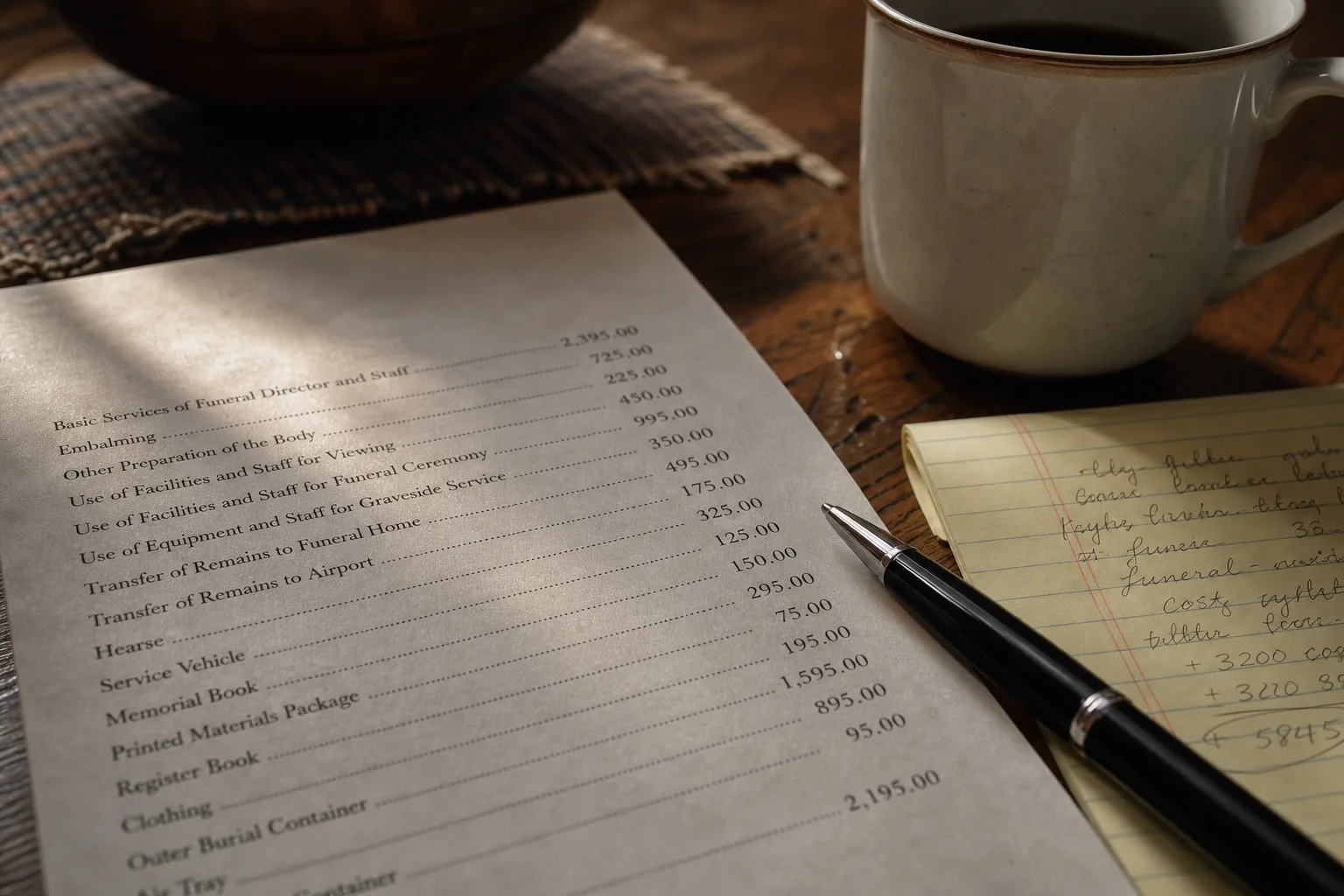An itemized funeral home general price list on a kitchen table beside a pen, a legal pad with handwritten notes, and a coffee cup