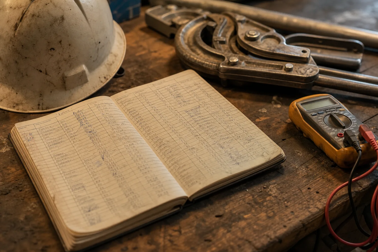 An apprentice electrician's handwritten hour log book resting on a workbench beside conduit benders, a multimeter and a hard hat