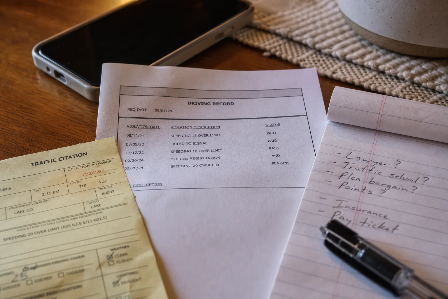 A traffic citation and a driving record printout lying on a kitchen table beside a phone and a notepad with handwritten questions