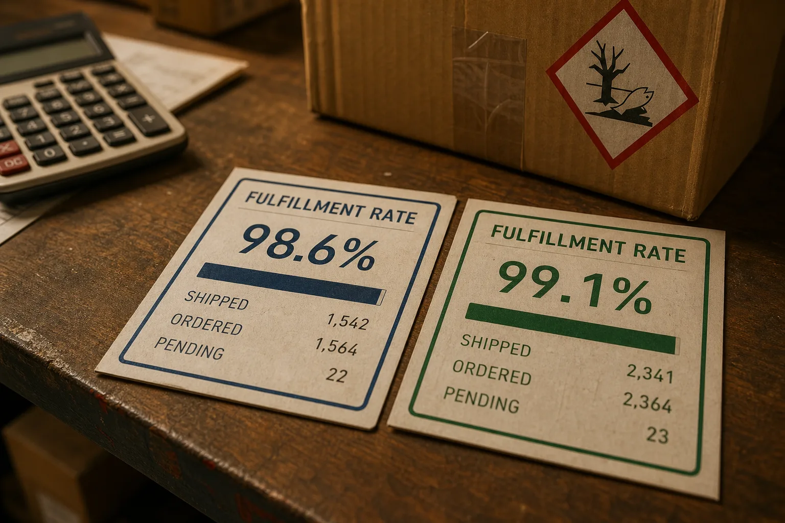 A warehouse desk with two printed fulfillment rate cards side by side, a calculator, and a shipping carton with a hazard label partially visible behind them