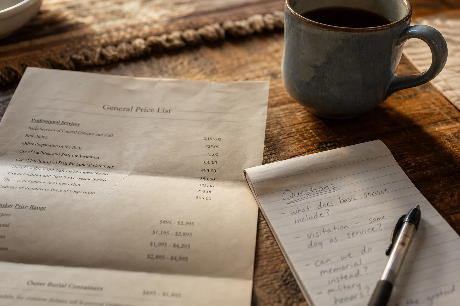 An itemized funeral home general price list on a kitchen table beside a pen, a notepad with handwritten questions, and a mug of coffee