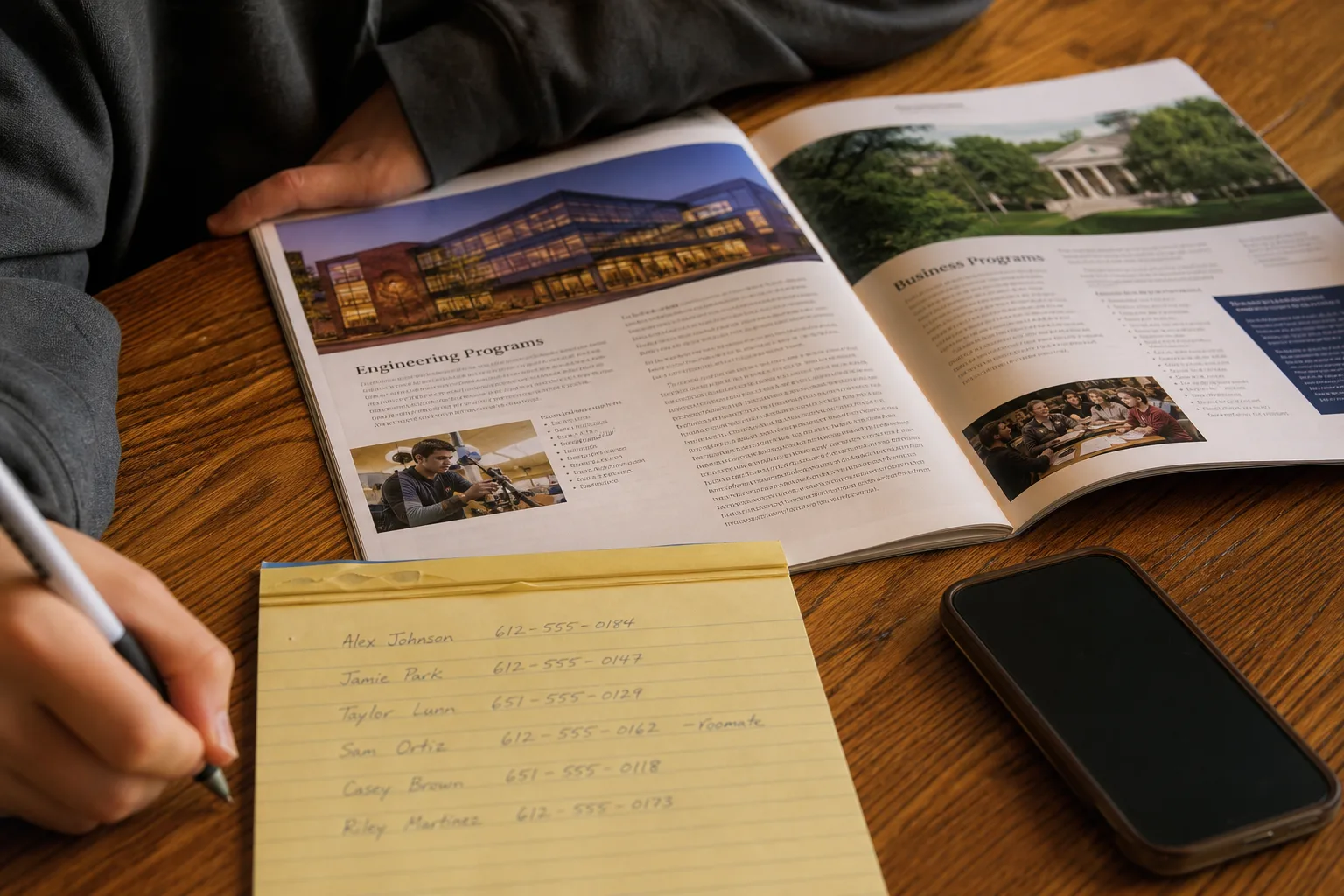 A person at a kitchen table with two college program brochures open side by side, a legal pad of handwritten notes with names and phone numbers, and a phone...