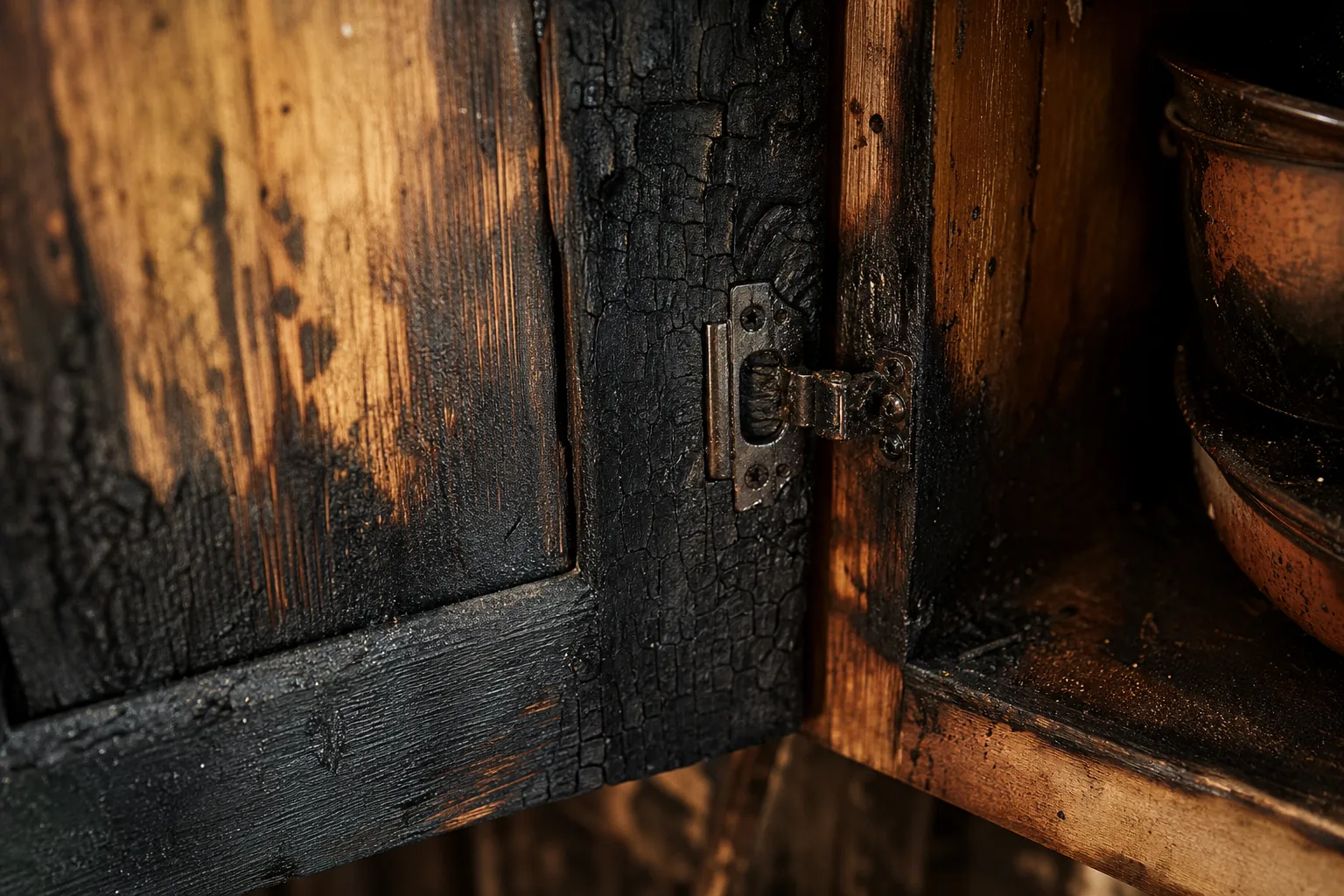 A charred kitchen cabinet door hanging open, soot patterning the wood grain around the hinge
