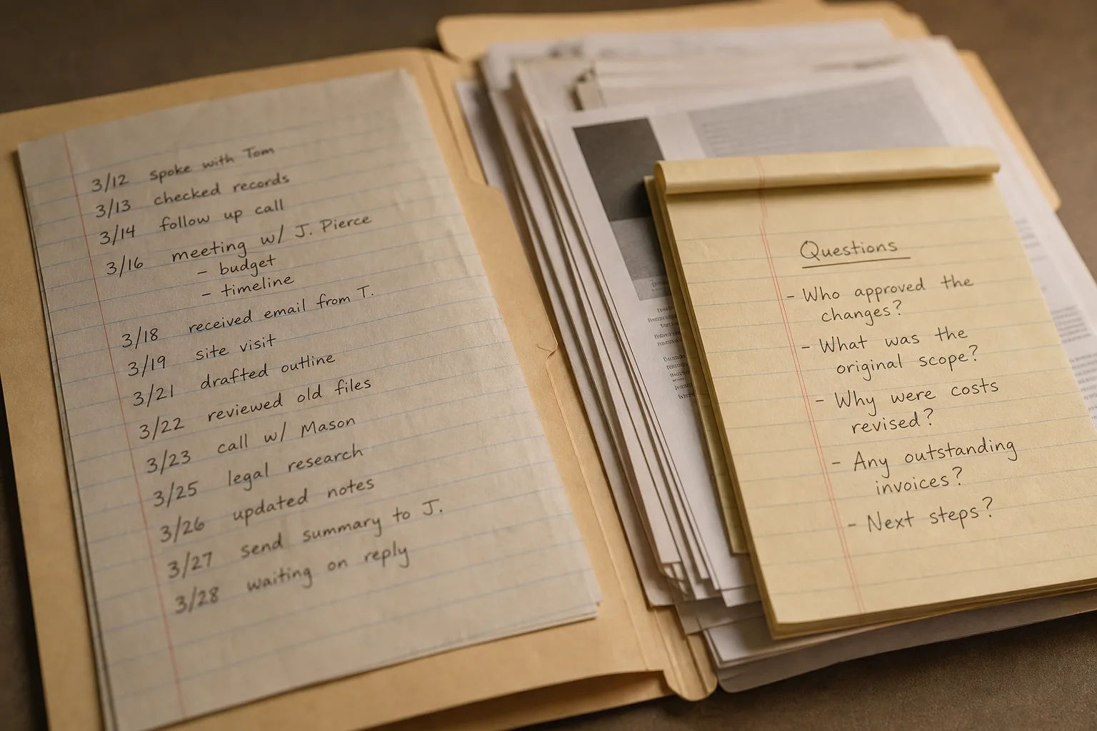 A manila folder open on a plain table, holding a handwritten dated timeline on lined paper, printed documents in date order, and a notepad listing questions