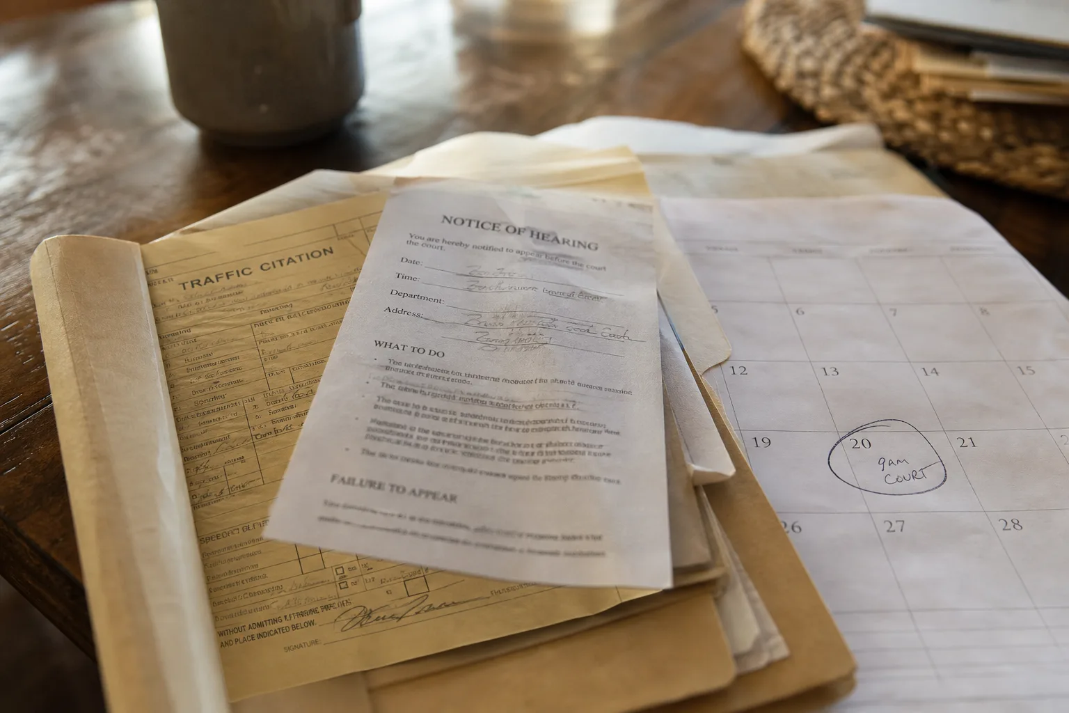 A manila folder open on a kitchen table holding a traffic citation, a notice of hearing form and a calendar page with a date circled in pen