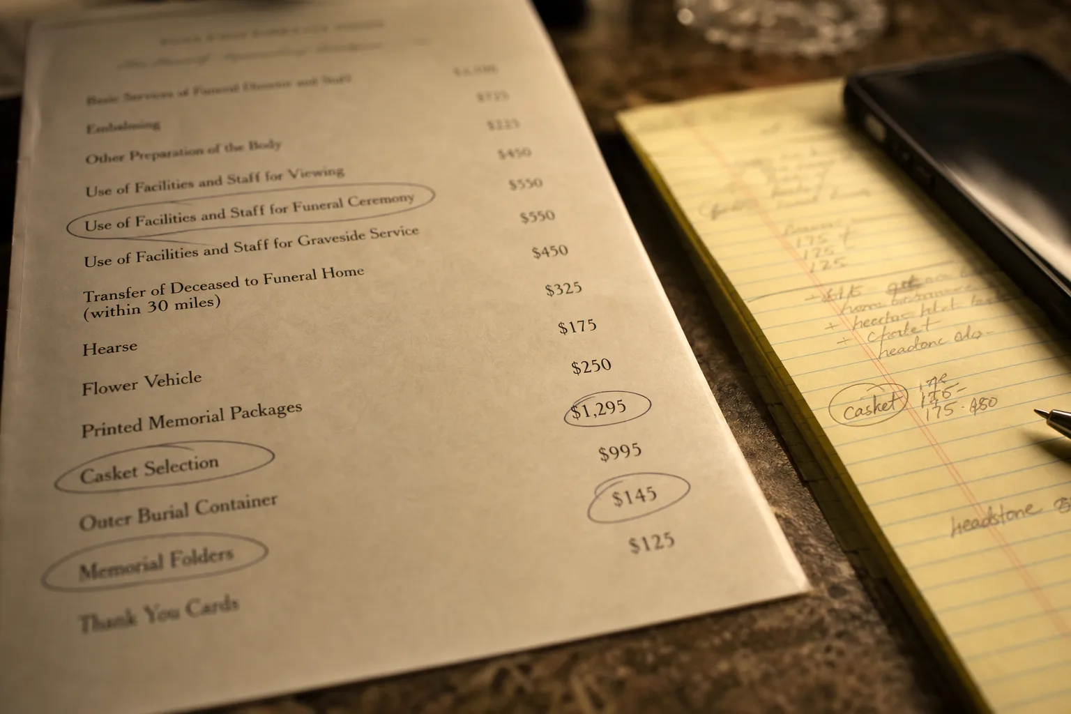 An itemized funeral home price list on a table beside a legal pad with handwritten notes and a phone, several lines circled in pen