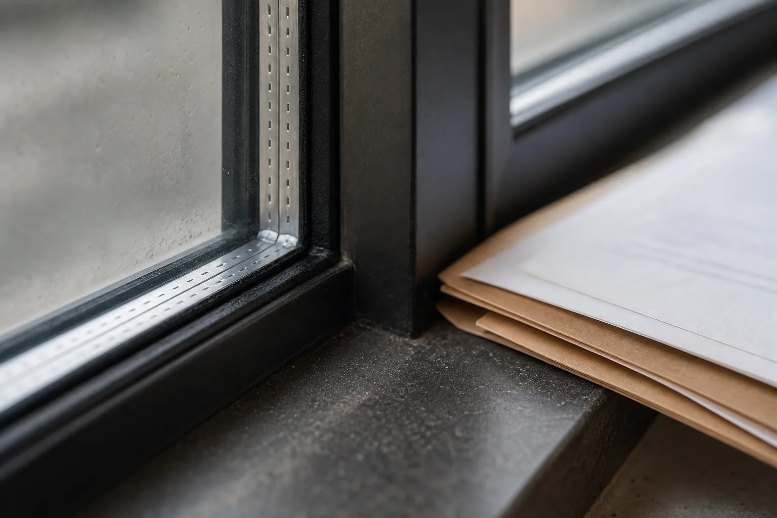 A close-up of an insulated glass unit spacer bar and edge seal in a large storefront window, with a folder of warranty documents resting on the sill beside it